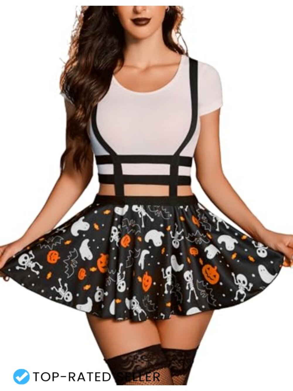 Pleated Suspender Skirt High Waist A-Line Mini Skirt Elastic Fit